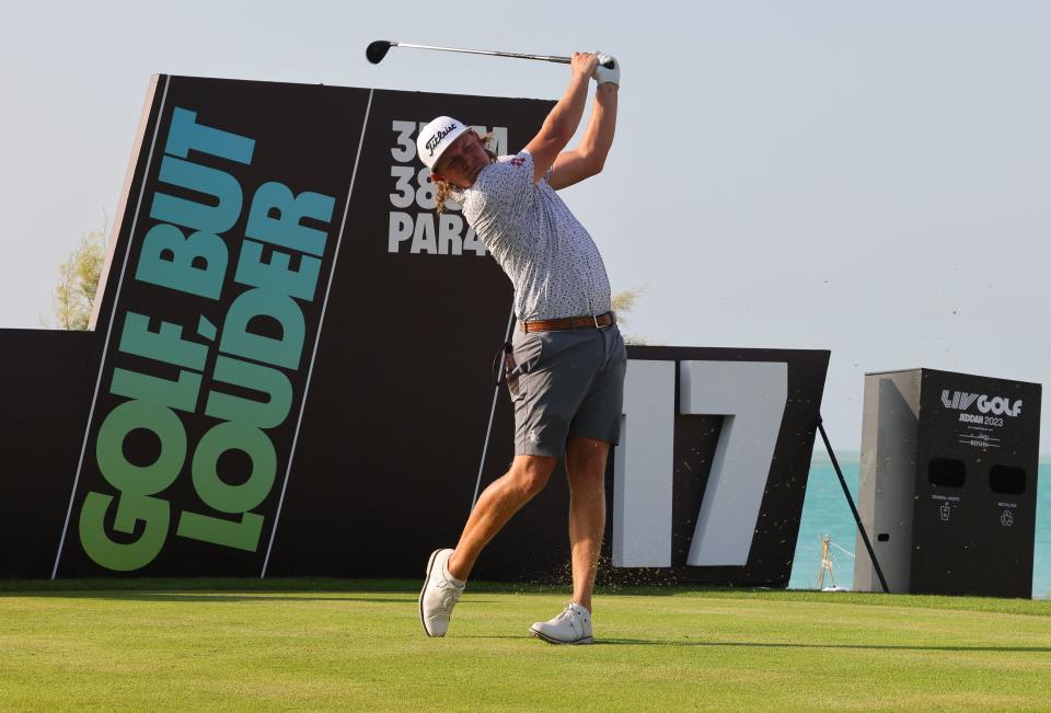 Cameron Smith tees off during the first round of the 2023 LIV Golf Jeddah at Royal Greens Golf in Jeddah on October 13, 2023. (Photo by Fayez Nureldine / AFP)