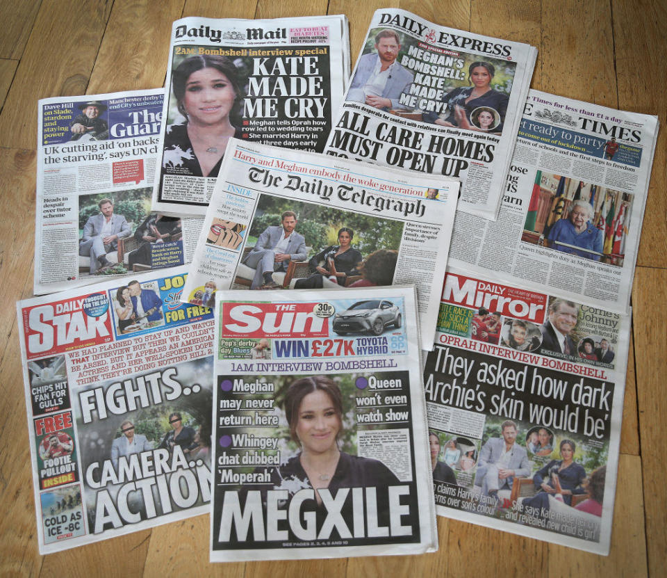 UK newspaper headlines about the interview, including "Megxile" and "They Asked How Dark Archie's Skin Would Be"