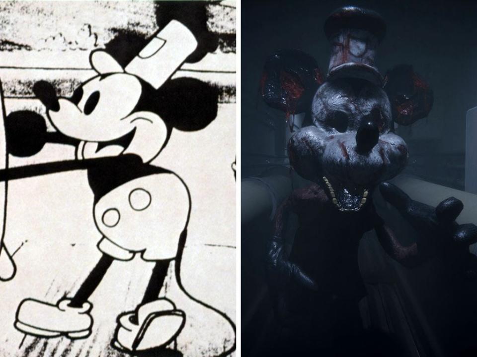 "Steamboat Willie" Mickey Mouse (left) and Nightmare Forge Games' Mickey Mouse (right).