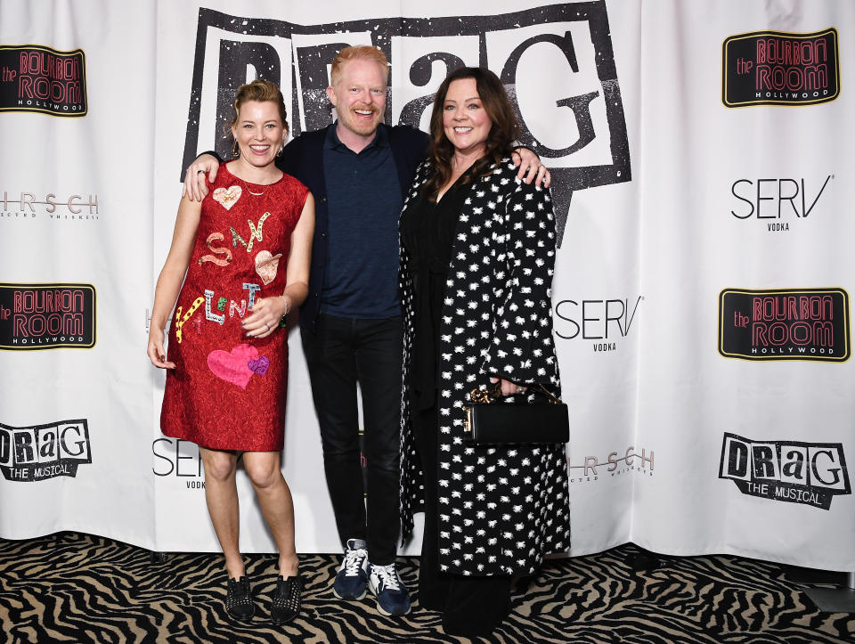 HOLLYWOOD, CALIFORNIA - MARCH 22: (L-R) Elizabeth Banks, Jesse Tyler Ferguson and Melissa McCarthy attend a "Drag: The Musical" Los Angeles performance at The Bourbon Room on March 22, 2024 in Hollywood, California. (Photo by Chelsea Guglielmino/Getty Images)