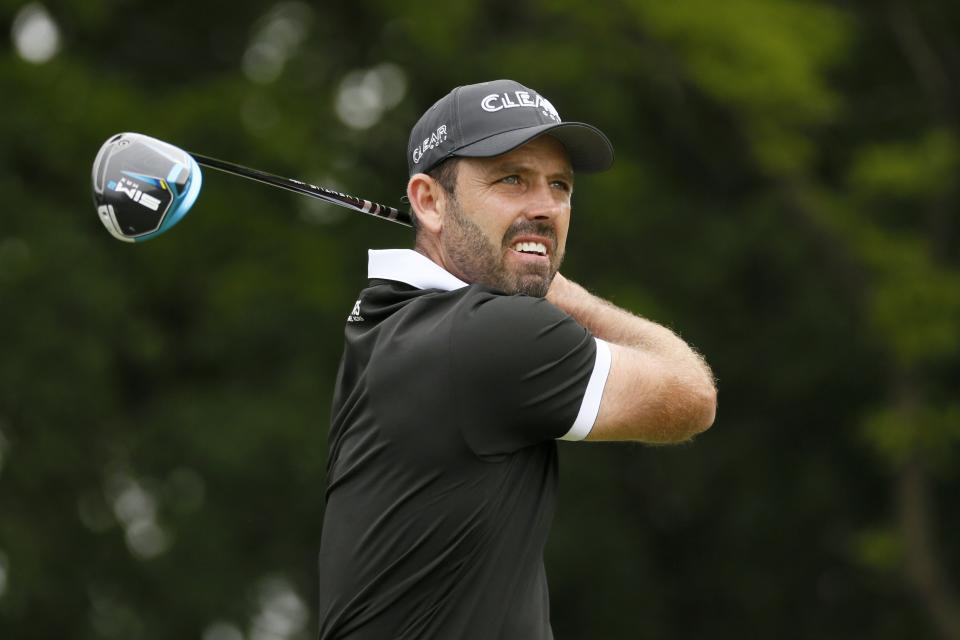 Charl Schwartzel, of South Africa, watches his tee shot on the second hole during the final round of the AT&T Byron Nelson golf tournament in McKinney, Texas, Sunday, May 16, 2021. (AP Photo/Ray Carlin)