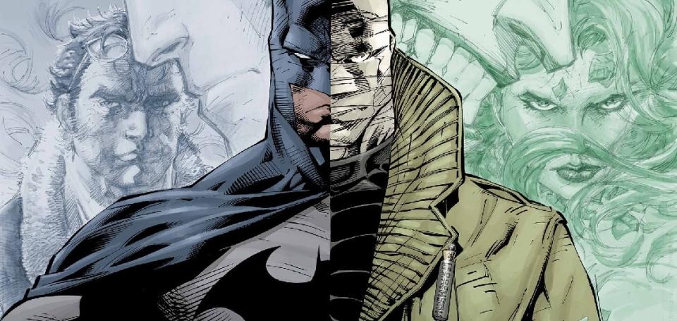 Prom art for Batman: Hush from Jim Lee, showing the Dark Knight and Hush side by side.