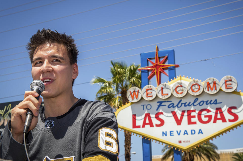 FILE - In this May 2, 2019, file photo, "Jeopardy!" sensation James Holzhauer speaks after being presented with a key to the Las Vegas Strip in front of the Welcome to Fabulous Las Vegas sign in Las Vegas. "Jeopardy!" champion and professional sports gambler James Holzhauer is making his World Series of Poker debut in Las Vegas on Monday, June 24, 2019, with plans to donate half of his winnings to charity. (Caroline Brehman/Las Vegas Review-Journal via AP, File)