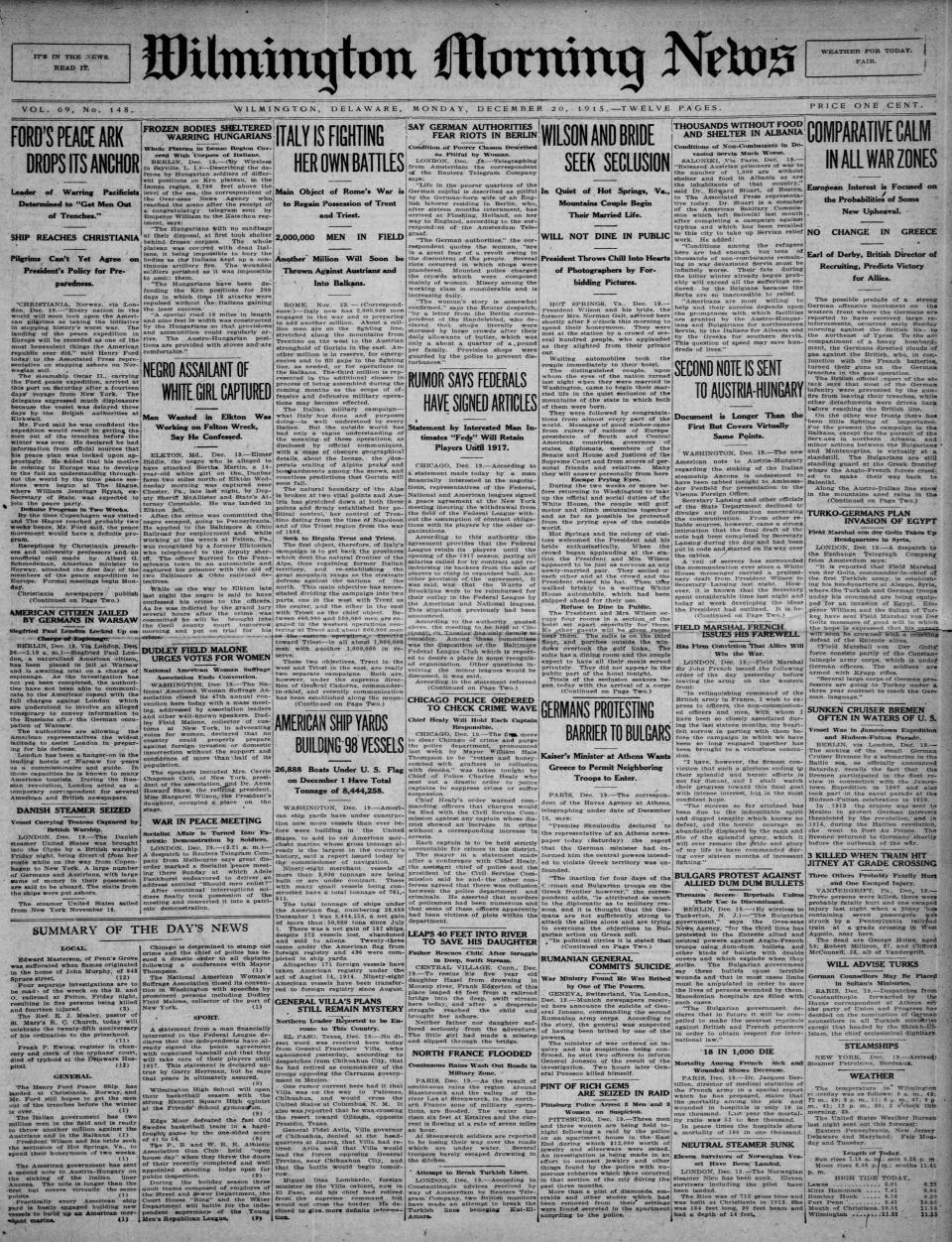 Front page of the Wilmington Morning News from Dec. 20, 1915.