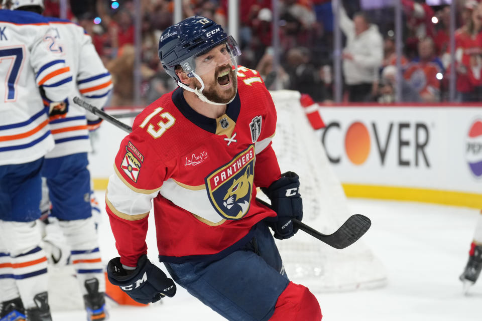 Sam Reinhart celebrates what turned out to be the Stanley Cup-winning goal in the second period. (Peter Joneleit/Icon Sportswire via Getty Images)