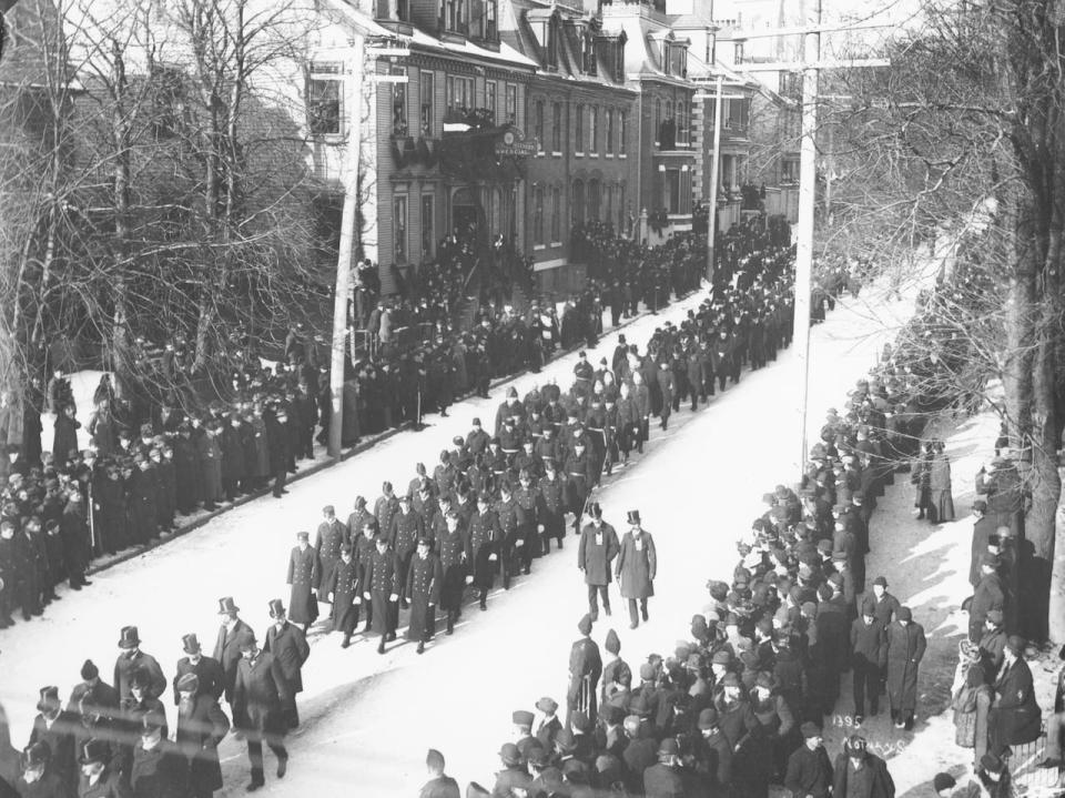 State Funeral procession for Sir John Thompson, Prime Minister of Canada, photographed on Barrington Street, Halifax, Nova Scotia, January 3, 1895
