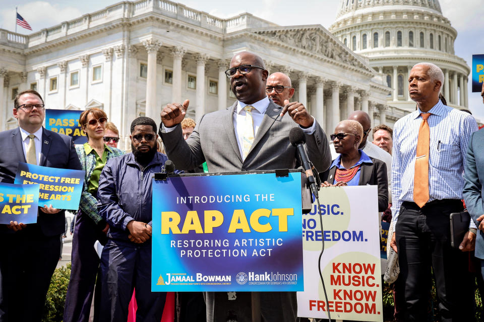 Image: Rep. Jamaal Bowman, D-N.Y., speaks during a news conference outside the U.S. Capitol on the reintroduction of the Restoring Artistic Protection (RAP) Act, on April 27, 2023. (Paul Morigi / Getty Images for The Recording Academy file)