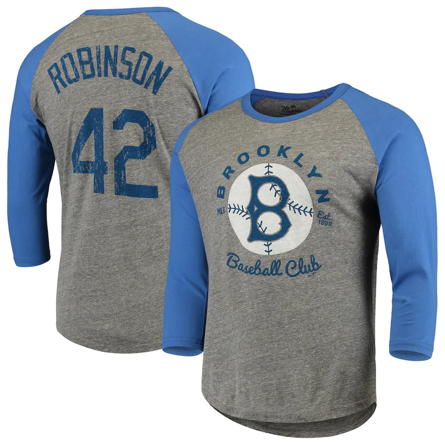 Camiseta Brooklyn azul y gris con Robinson y 42 en la espalda