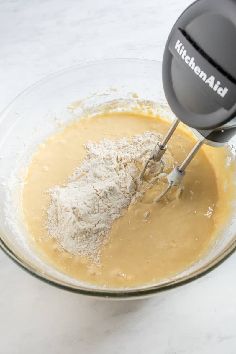 Sour cream cake batter being mixed.