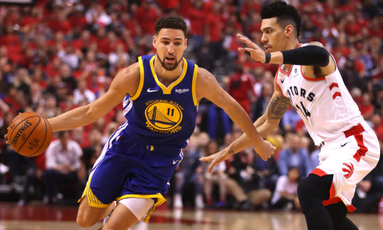 klay thompson dribbles during game 2