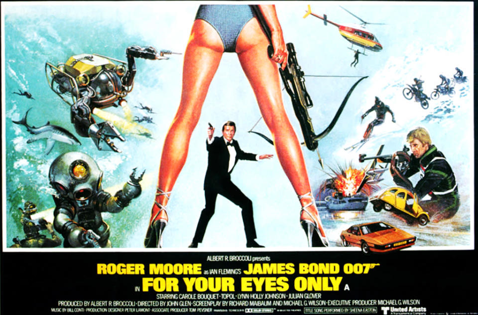 <a href="http://movies.yahoo.com/movie/for-your-eyes-only/" data-ylk="slk:FOR YOUR EYES ONLY;elm:context_link;itc:0;sec:content-canvas" class="link ">FOR YOUR EYES ONLY</a> (1981)<br>Even into the '80s the Bond films were still pushing the envelope of acceptability. The poster image for this film was deemed so risqué that some newspapers cropped it to not expose anything above the model's knees.<br>