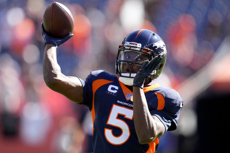 Denver Broncos quarterback Teddy Bridgewater (5) warms up prior to an NFL football game against the Las Vegas Raiders, Sunday, Oct. 17, 2021, in Denver. (AP Photo/Jack Dempsey)