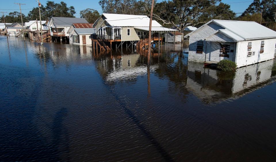 Flooded streets in Delcambre, Louisiana, on Saturday morning after Hurricane Delta hit the southwest Louisiana. Oct. 10, 2020