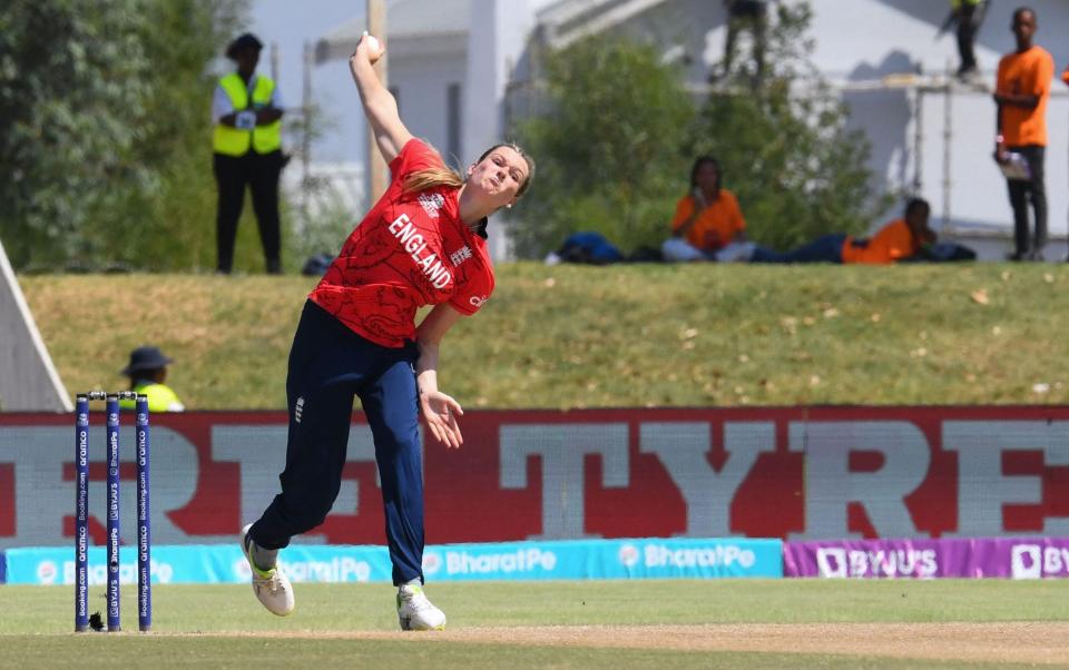 England's Lauren Bell delivers a ball during the Group B T20 women's World Cup cricket match between Ireland and England at Boland Park in Paarl on February 13, 2023 - RODGER BOSCH/AFP via Getty Images