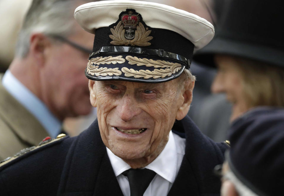 FILE - Britain's Prince Philip, the Duke of Edinburgh, attends the official opening of the annual Field of Remembrance at Westminster Abbey in London, Thursday, Nov. 10, 2016. Senior royals from around the world are gathering Tuesday, March 29, 2022 for a memorial service for Queen Elizabeth II's late husband at Westminster Abbey that will incorporate hymns and other touches dropped from his funeral last year due to the pandemic. (AP Photo/Matt Dunham, file)