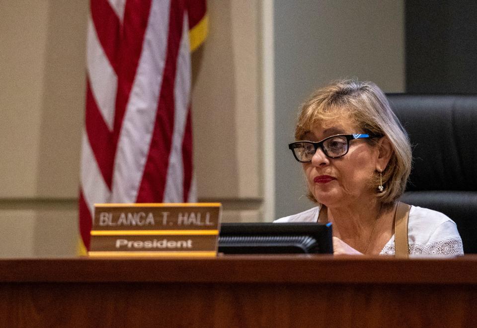 Board president Blanca Hall listens to proceedings at the Coachella Valley Unified School District office in Thermal, Calif., Thursday, Aug. 25, 2022. 