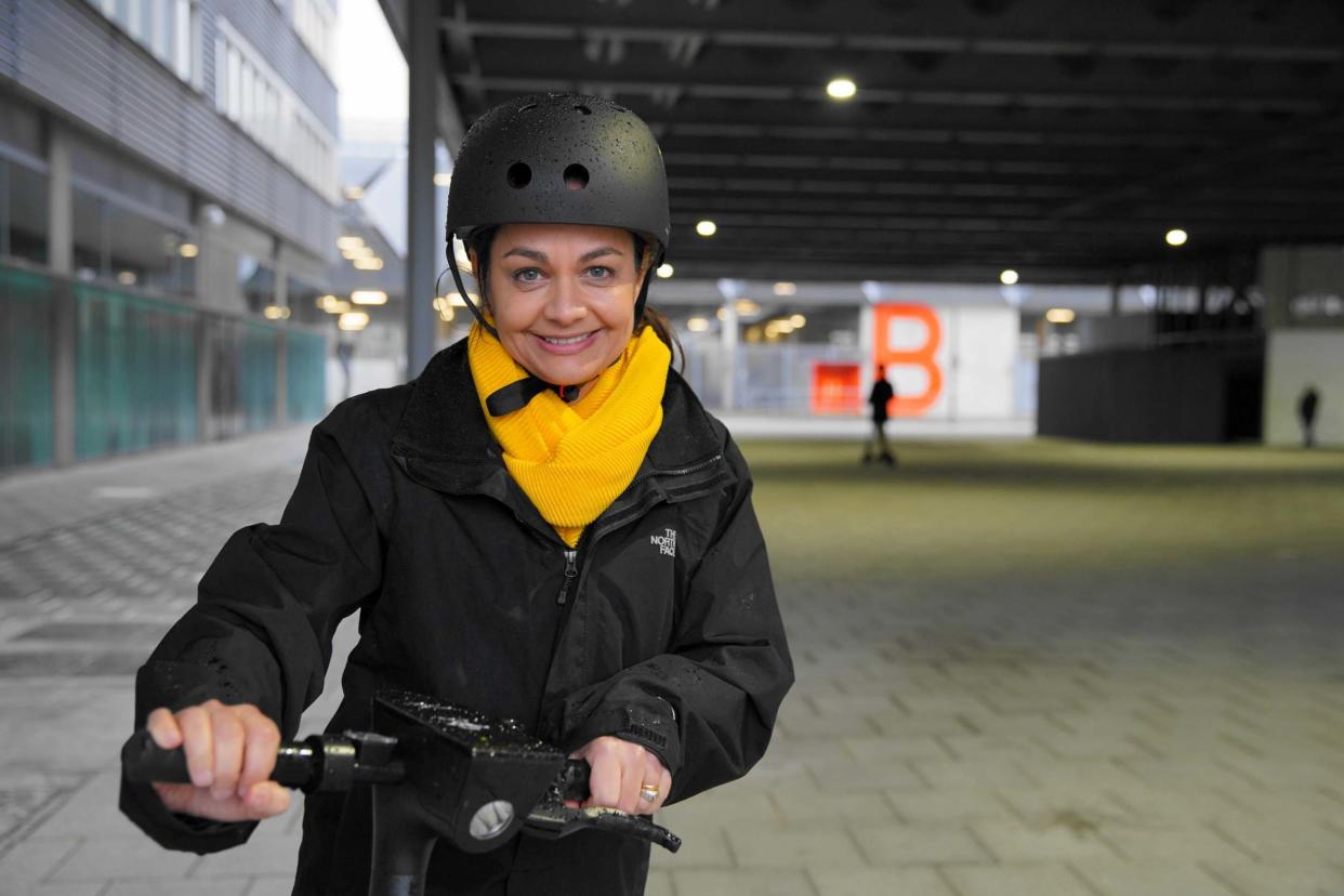 Lib Dem mayoral candidate Siobhan Benita on an e-scooter at the Olympic Park: John Russell