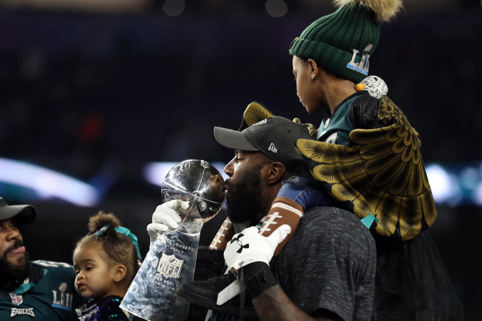 <p>Malcolm Jenkins #27 of the Philadelphia Eagles kisses the Vince Lombardi Trophy after defeating the New England Patriots 41-33 in Super Bowl LII at U.S. Bank Stadium on February 4, 2018 in Minneapolis, Minnesota. (Photo by Patrick Smith/Getty Images) </p>