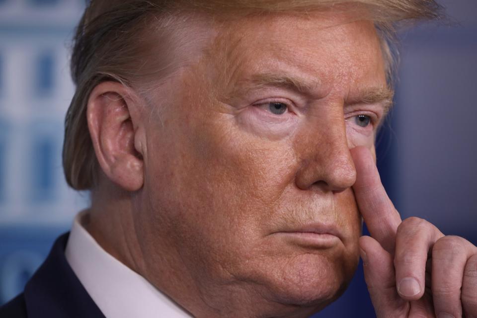 President Donald Trump, joined by members of the Coronavirus Task Force, speaks in the press briefing room at the White House on March 16, 2020.