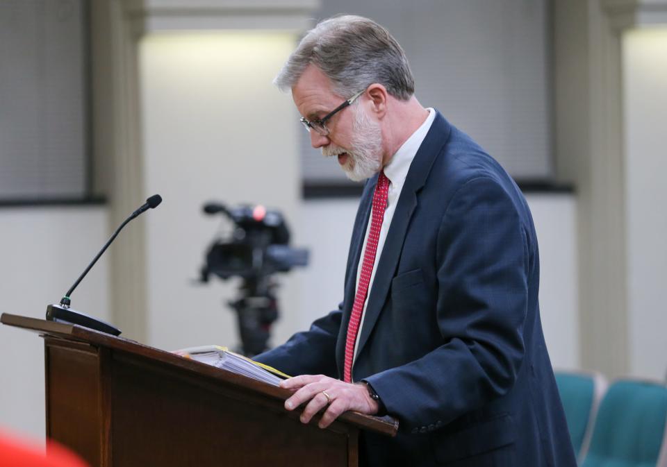 Chris Wischer, the attorney for the Town of Dayton, speaks to the City Council of Lafayette regarding Dayton's disapproval of the annexation of the Carr Family property into the city of Lafayette, on Monday, Mar. 6, 2023, in Lafayette, Ind.