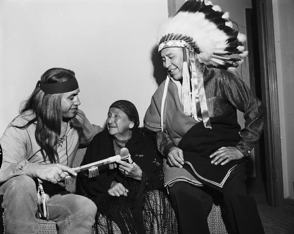 Werahre Tahmahkera and her son, Vance, meet with actor Michael Ansara (left) who played Cochise on the Broken Arrow television series. In 1958, Ms. Tahmahkera was Cynthia Ann Parker’s oldest living grandchild. Courtesy/Fort Worth Star-Telegram Collection, Special Collections, UTA Libraries
