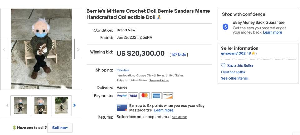 bernie sanders crochet doll ebay auction