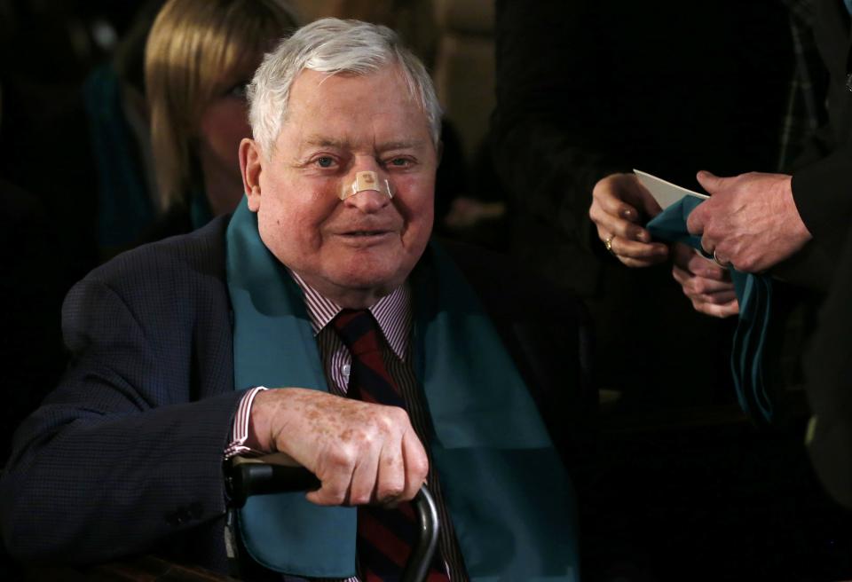 Former Canadian Prime Minister John Turner sits before the state funeral for Canada's former finance minister Jim Flaherty in Toronto