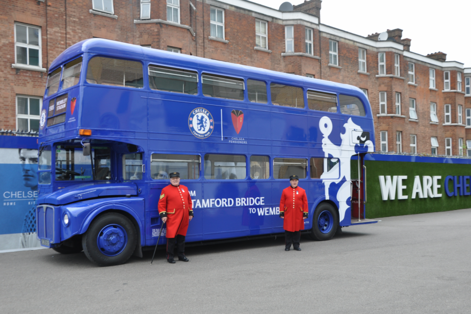 Initiative | Chelsea Pensioners Derek Higby and Alister Sword pose at Stamford Bridge