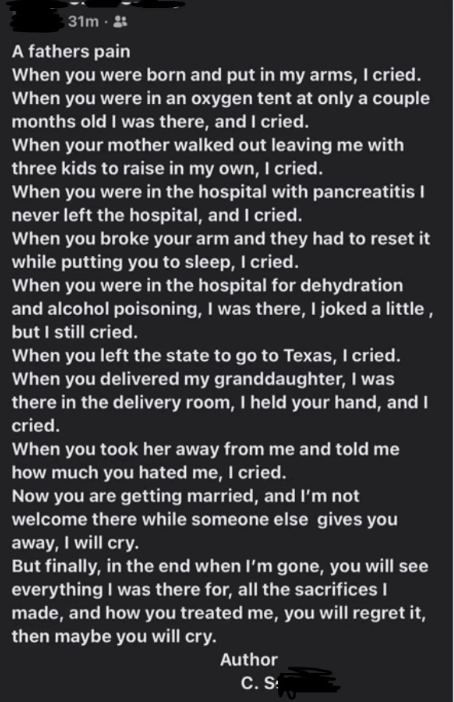 The father's poem ends with "in the end when I'm gone, you will see all the sacrifices I made and how you treated me, you will regret it, then maybe you'll cry"