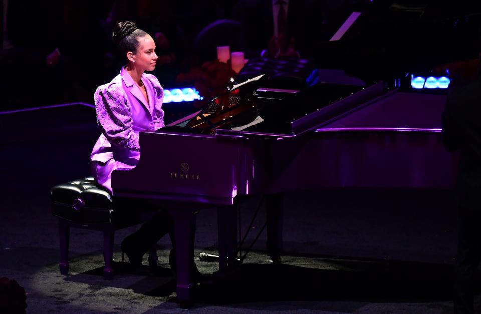 Alicia Keys performs during the "Celebration of Life for Kobe and Gianna Bryant" service at Staples Center in Downtown Los Angeles on February 24, 2020. Photo by Frederic J. BROWN / AFP) (Photo by FREDERIC J. BROWN/AFP via Getty Images)