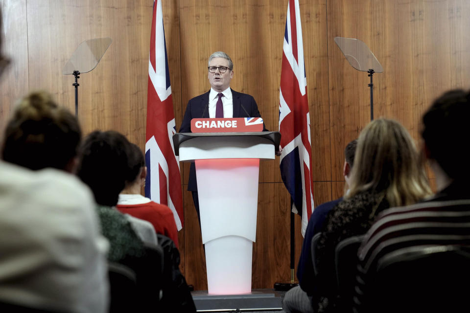 Britain's Labour Party leader Keir Starmer speaks in Westminster, London, Wednesday, May 22, 2024, after Prime Minister Rishi Sunak set the date of July 4 for a national election in the UK. (Stefan Rousseau/PA via AP)