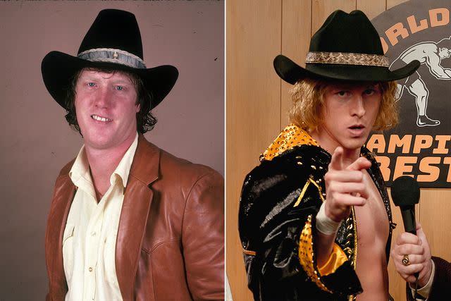 <p>Courtesy Pro Wrestling Illustrated; A24</p> Harris Dickinson as David Von Erich