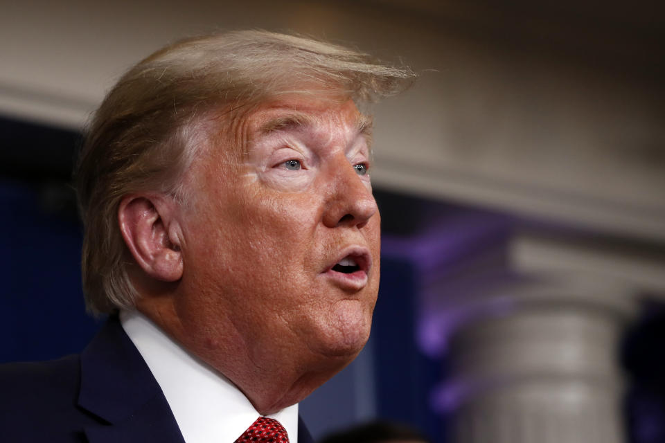 President Donald Trump speaks about the coronavirus in the James Brady Briefing Room, Wednesday, March 25, 2020, in Washington. (AP Photo/Alex Brandon)