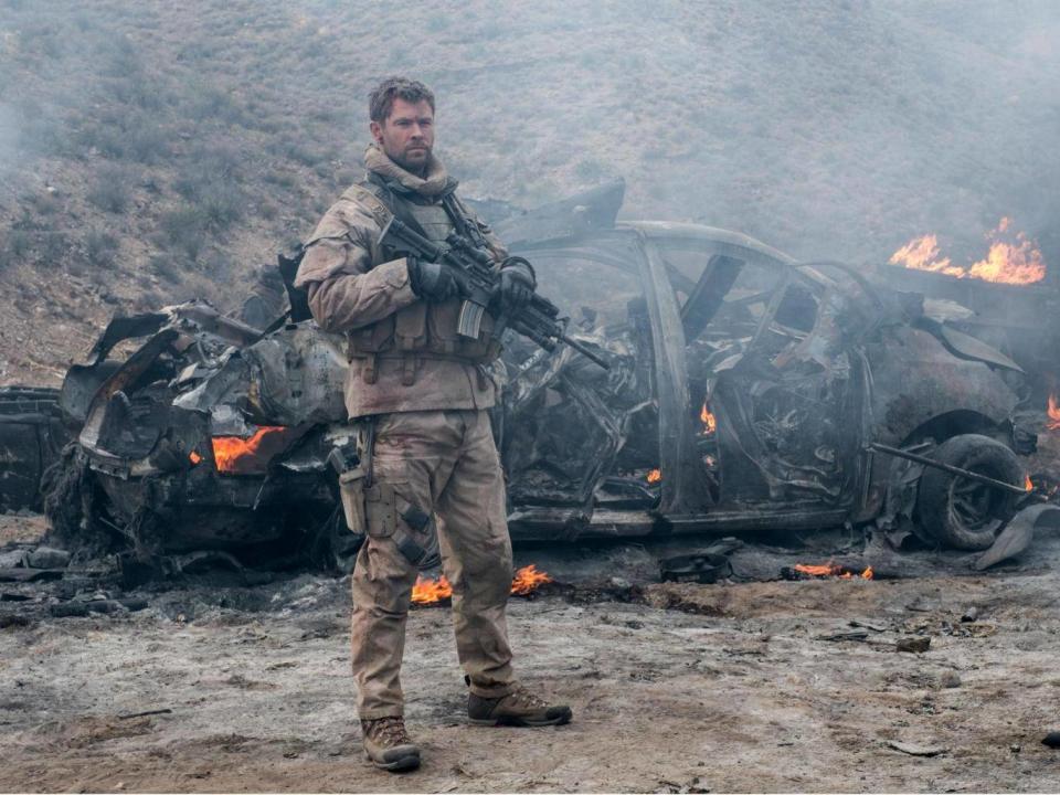 Hemsworth (above) as Captain Mitch Nelson in '12 Strong' says he can't imagine how tough it is for real soldiers to go into war, leaving their loved ones behind