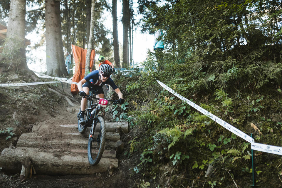 Lauren Lackman cruises down an incline in one of the UCI World Championships mountain bike races at Les Gets, France.
