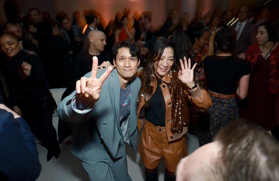 (L-R) Harry Shum Jr. and Michelle Yeoh are seen as Vanity Fair and Richard Mille host a private cocktail party honoring A24's "Everything Everywhere All at Once" in Los Angeles at Mandarin Oriental Residences Beverly Hills on March 10, 2023 in Beverly Hills, California.