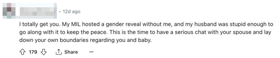 A screenshot of a social media comment discussing the poster's frustration about a family member organizing a gender reveal without their consent