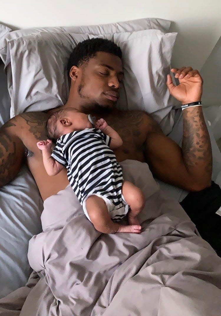 Lions defensive back C.J. Gardner-Johnson with his son, Cayden.