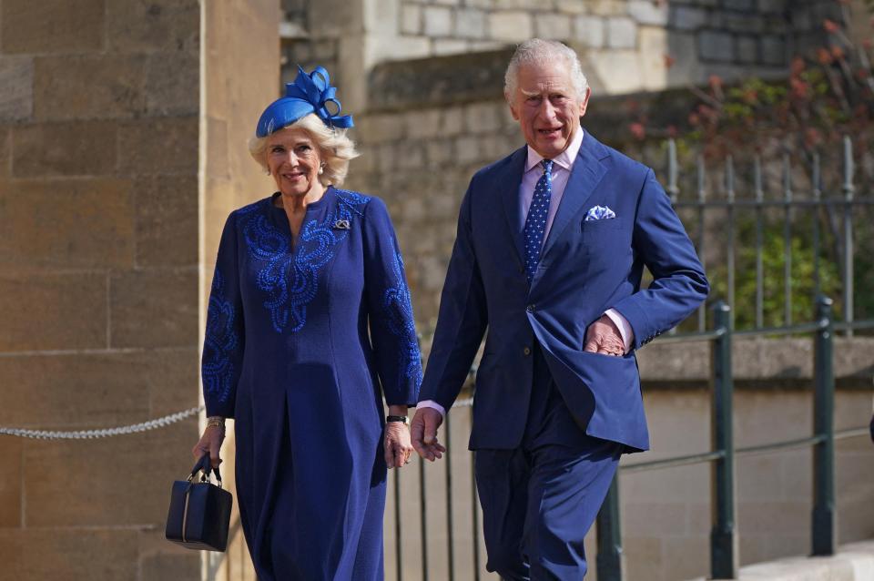 Britain's King Charles III and Camilla, the queen consort, arrive for the Easter Mattins Service on April 9 at St. George's Chapel at Windsor Castle.