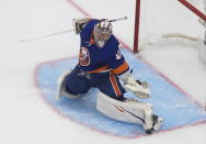 New York Islanders goaltender Semyon Varlamov (40) makes the save against the Tampa Bay Lightning during the second period of Game 6 of the NHL hockey Eastern Conference final, Thursday, Sept. 17, 2020, in Edmonton, Alberta. (Jason Franson/The Canadian Press via AP)