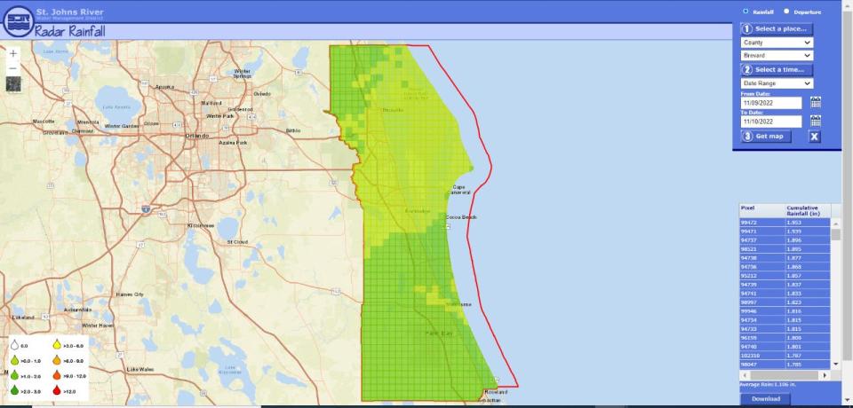 Radar rainfall data shows some areas of Brevard have gotten up to three inches of rain since Wednesday as Hurricane Nicole approached the state. andmoved through the area.