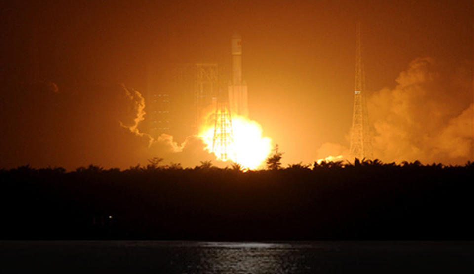 A Chinese Long March 7 rocket launches the uncrewed Tianzhou-1 cargo ship into orbit from Wenchang Satellite Launch Center on Hainan Island on April 20, 2017. <cite>China Manned Space Agency</cite>