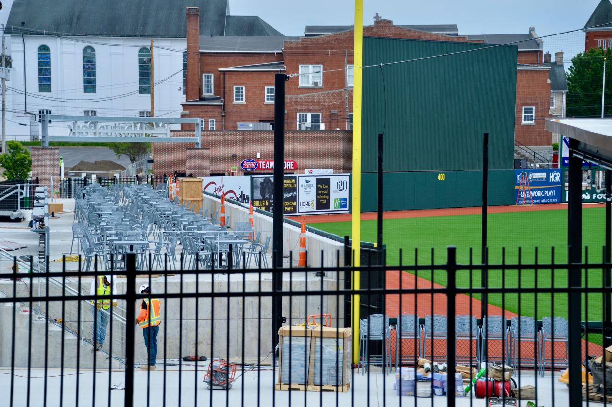 The view on Tuesday, April 30, 2024, of an elevated picnic area behind the outfield at Meritus Park. The stadium is scheduled to have a soft opening for the Flying Boxcars inaugural home stand, which is scheduled to begin Saturday.