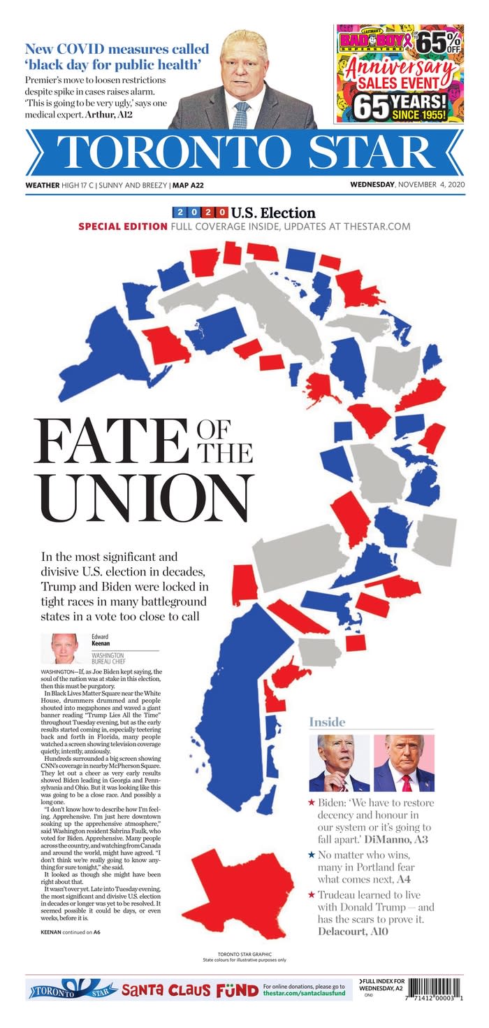 TORONTO STAR, Published in Toronto, Canada (Courtesy <a href="https://www.newseum.org/todaysfrontpages/" rel="nofollow noopener" target="_blank" data-ylk="slk:Newseum;elm:context_link;itc:0;sec:content-canvas" class="link ">Newseum</a>)