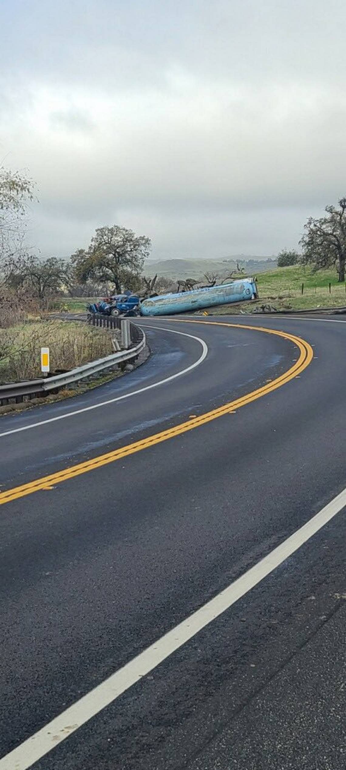 A big rig truck overturned on Highway 168 just north of Sample Road in eastern Fresno County on Wednesday, Dec. 28, 2022.