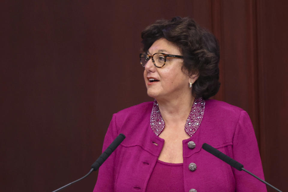 Florida Senate President Kathleen Passidomo, R-Naples, opens a joint session of the Senate and House of Representatives for Gov. Ron DeSantis to give his State of the State address in Tallahassee, Fla., Tuesday, Jan. 9, 2024. (AP Photo/Gary McCullough)