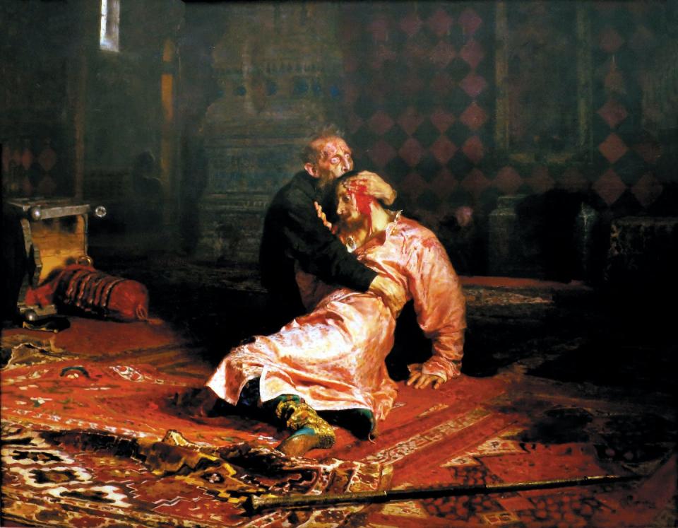 Ivan the Terrible and his son Ivan on November 16, 1581 – Ilya Repin (1885). Wikimedia Commons