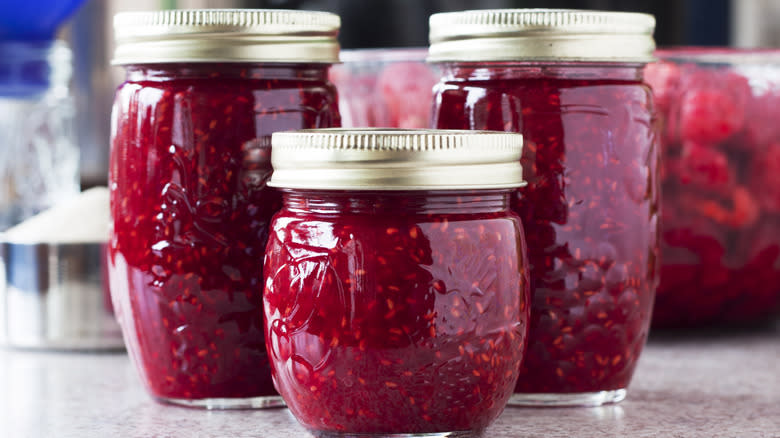 Red jam in glass jars