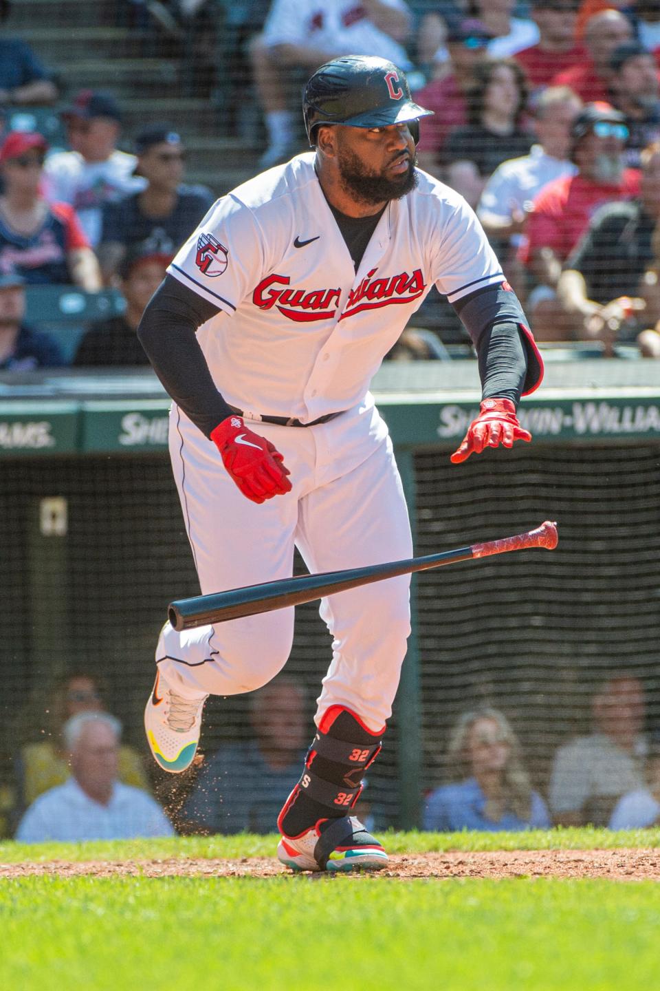 Guardians designated hitter Franmil Reyes watches his RBI single off New York Yankees relief pitcher Albert Abreu during the eighth inning of Sunday's game at Progressive Field. The Guardians won 2-0. [Phil Long/Associated Press]