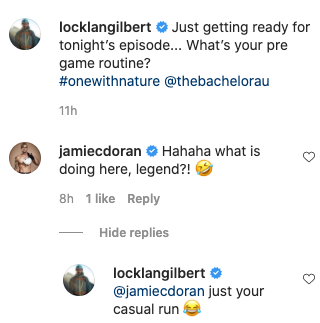 Fellow Bachie personality Jamie Doran quizzed Locky about his nude jog. Photo: Instagram/locklangilbert.